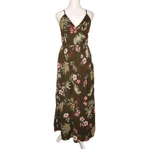Japna Tropical Print Maxi Dress Medium Green Sleeveless V-Neck Hawaiian Floral